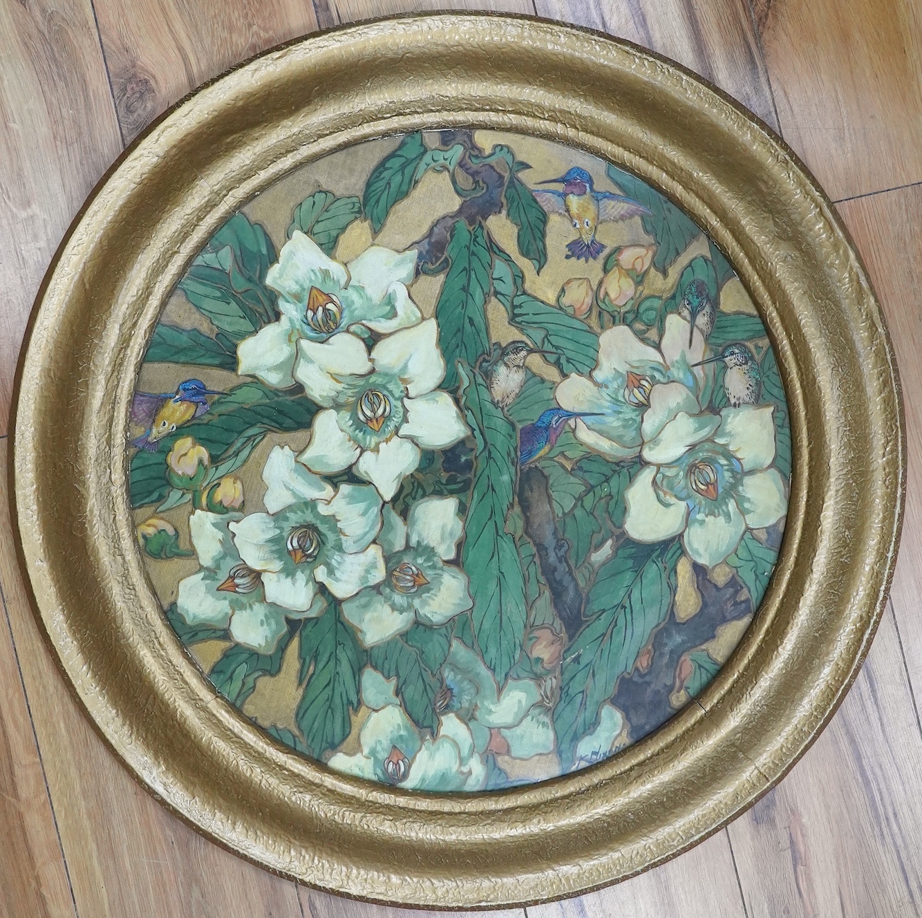 Kay Nixon (1894-1988), tondo oil on fabric, Hummingbirds amongst flowers, signed, diameter 48cm
